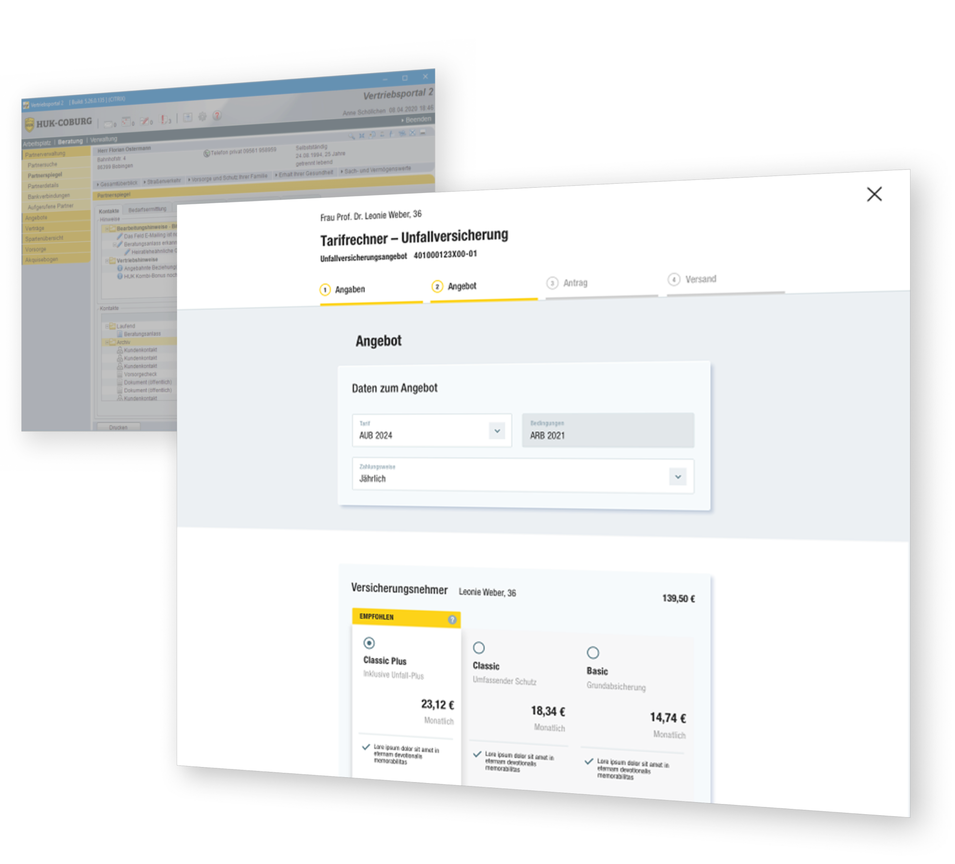 Screenshot of the redesigned HUK Coburg Tarifrechner application